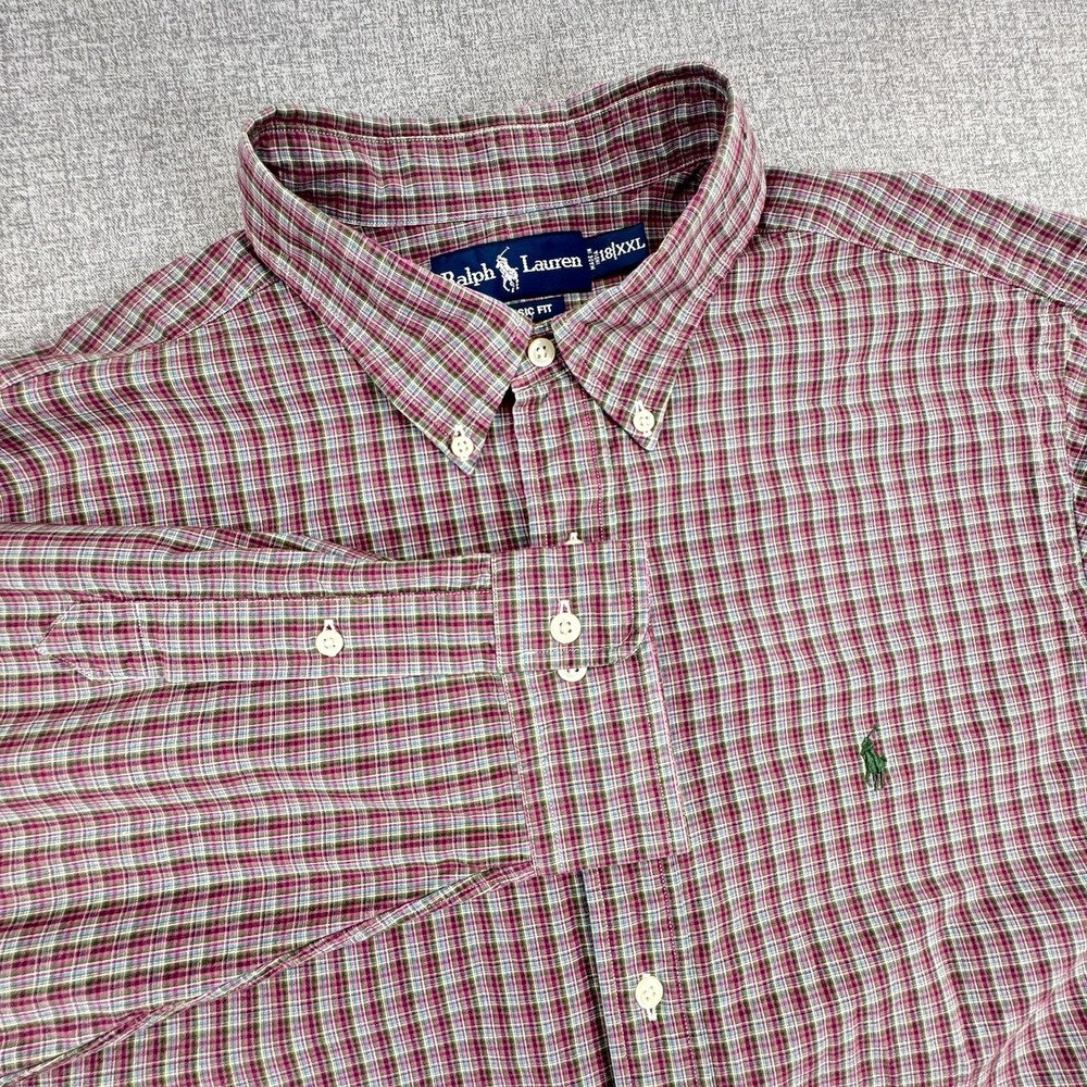Men's Classic Fit Plaid Oxford Shirt Polo Ralph Lauren Size 18 2XL Long Sleeve